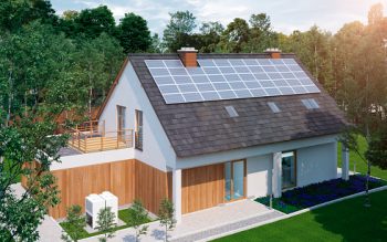 low energy family home house with solar cells off grid solar energy construction with green garden 3d render